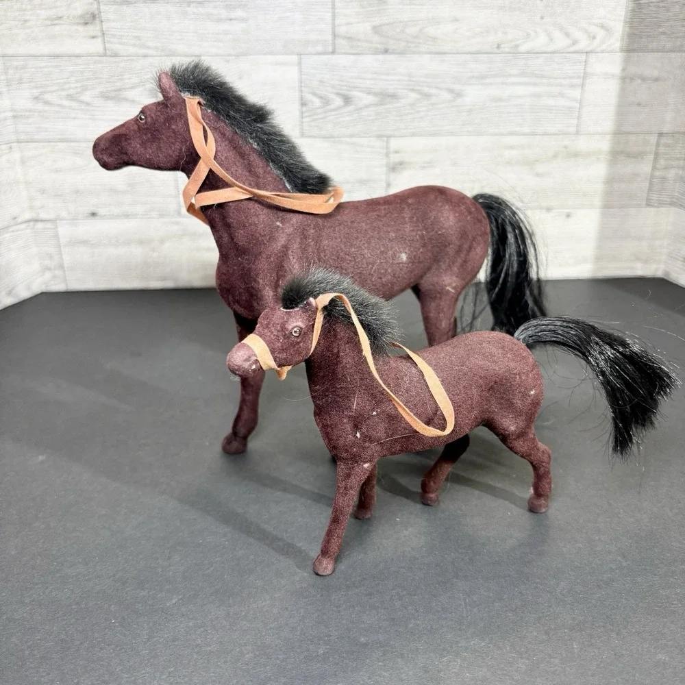 Vintage Flocked Brown Horse Pony Black‎ Maine Mother And Calf